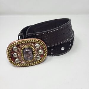 Western Cowgirl Bling Rhinestone Cowhair Leather Tabs Belt Size Small